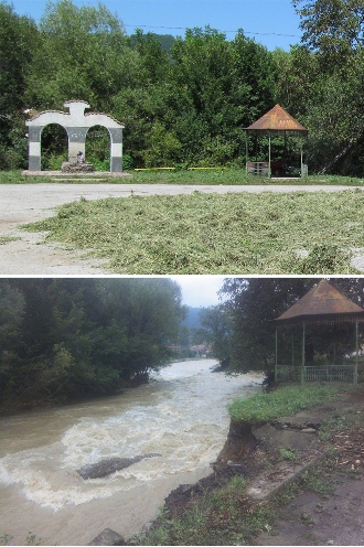 Чешмата Студенка преди наводнението и мястото, където е била тя, след него